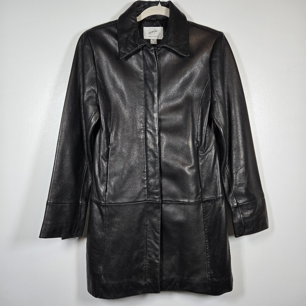 Jacqueline Ferrar Lambskin Leather Black Long Button Zip Front Jacket Small